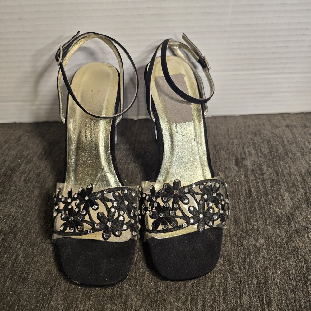 Jonathan Kaplan Las Vegas Black Floral Rhinestone Lucite Clear Heel Sandals 6.5